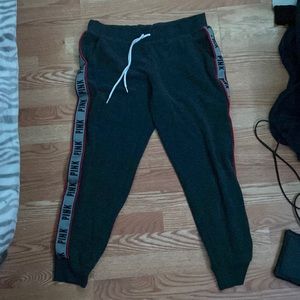 Brand Pink~gray sweats with some red and brand pink logo on them